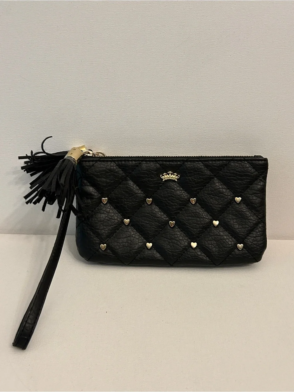 Juicy Couture Quilted Black Wristlet Clutch with Gold Heart Accents